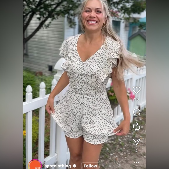 Kori Cream Brown Dalmatian Spot V Neck Romper Shorts Flutter Sleeves - Picture 7 of 8